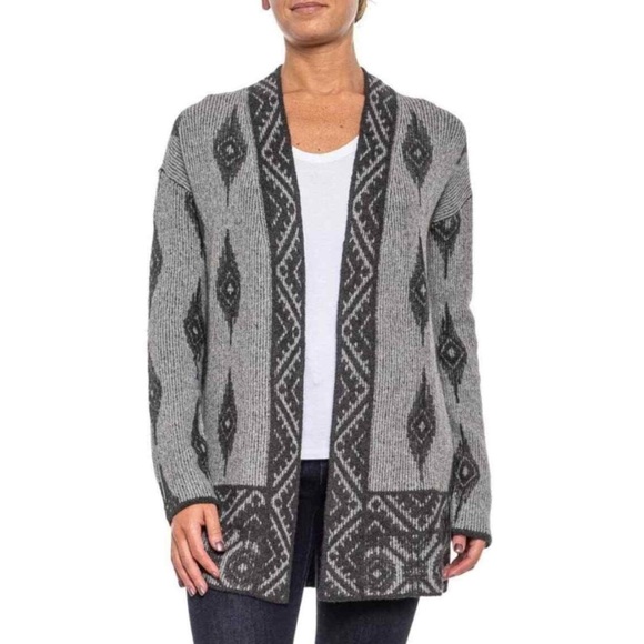 Lucky Brand Aztec Print Cardigan Open Sz Large Gray Black Long Line Tribal Wool - Picture 1 of 8